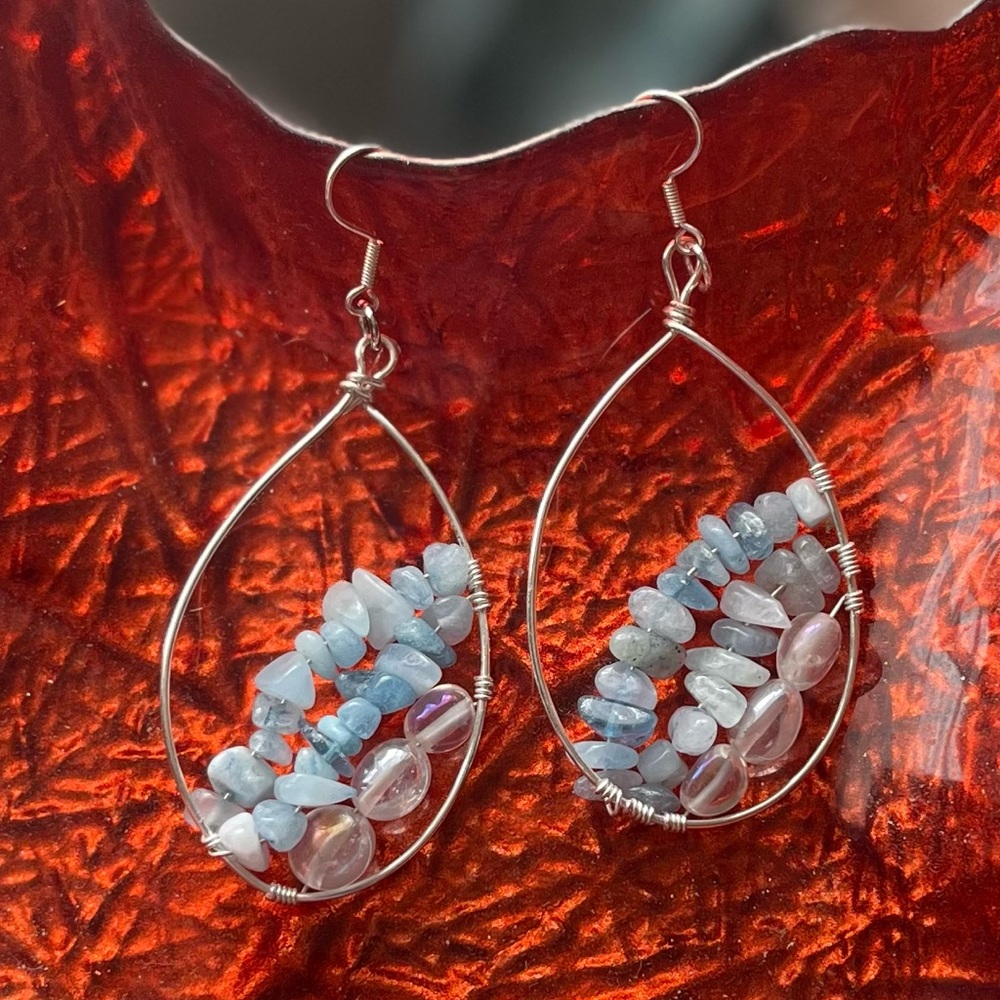 Silver Plated, Aquamarine & Clear Quartz (Sterling Ear Wire) Artisan Earrings